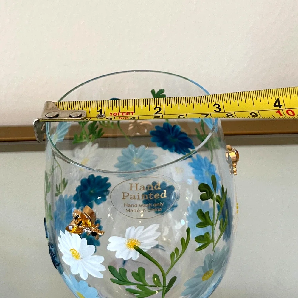 Hand Painted & Jeweled Stemless Wine Glass Blue Daisy Floral Bumblebee NEW
